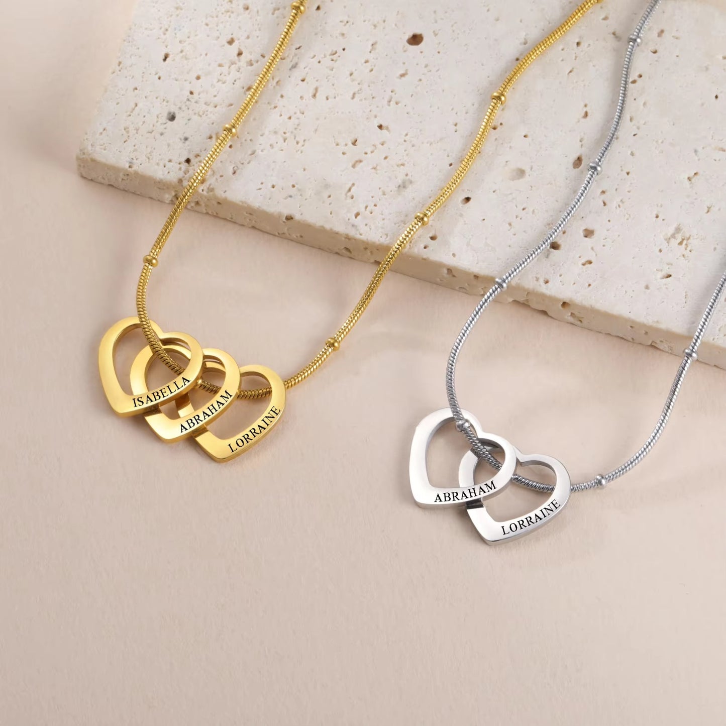 Personalized Heart Pendant Necklace (1 to 4 Charms) – Custom Engraved Stainless Steel Jewelry – Perfect Gift for Couples and Family