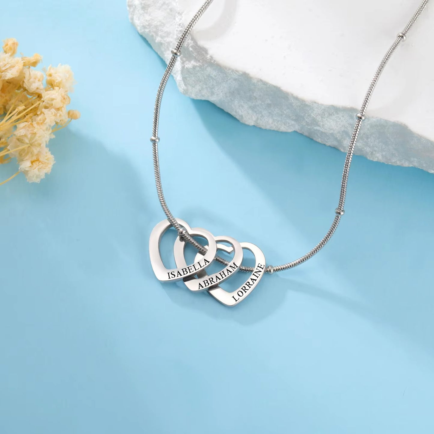 Personalized Heart Pendant Necklace (1 to 4 Charms) – Custom Engraved Stainless Steel Jewelry – Perfect Gift for Couples and Family