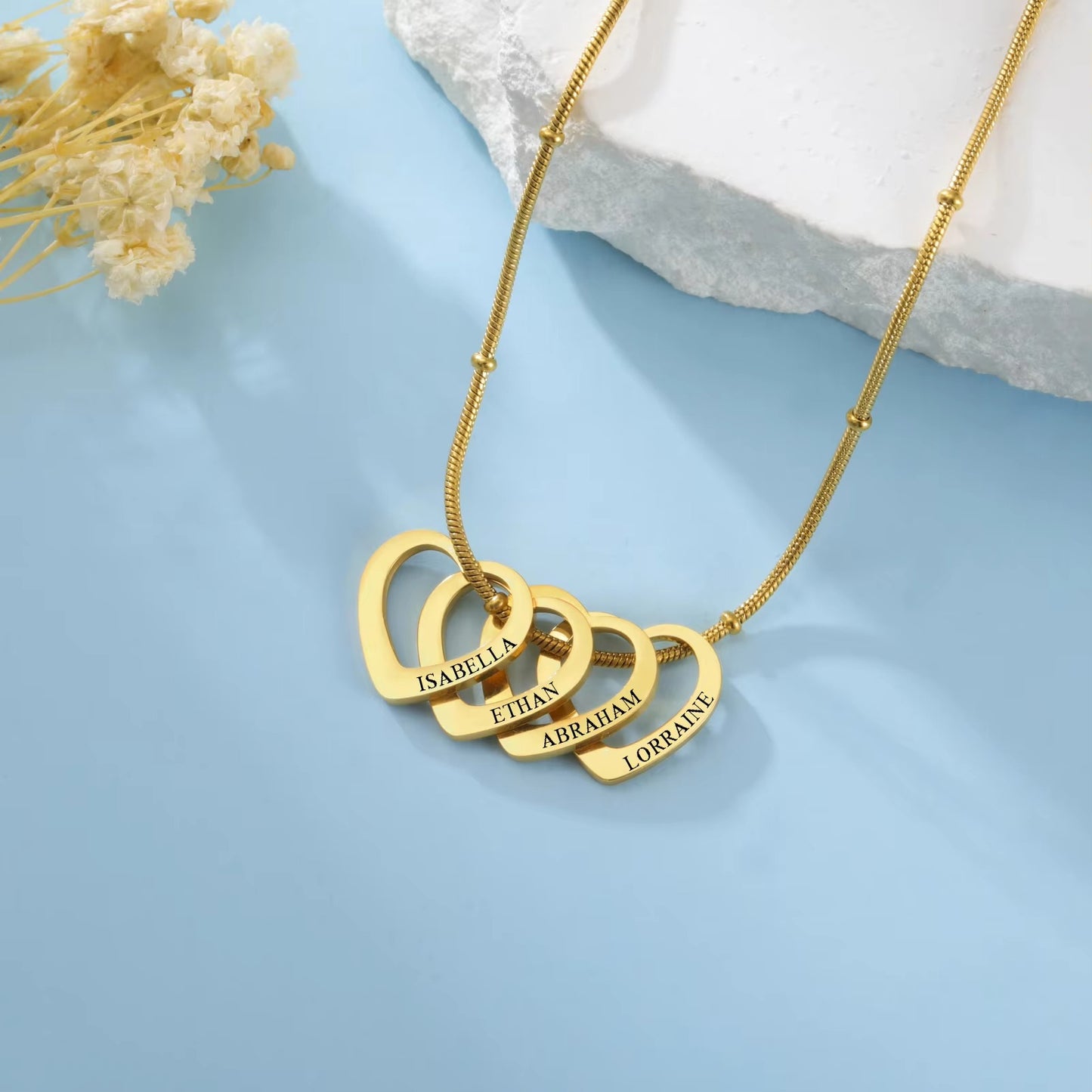 Personalized Heart Pendant Necklace (1 to 4 Charms) – Custom Engraved Stainless Steel Jewelry – Perfect Gift for Couples and Family