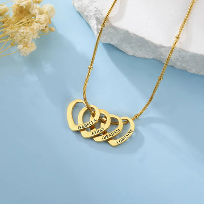 Personalized Heart Pendant Necklace (1 to 4 Charms) – Custom Engraved Stainless Steel Jewelry – Perfect Gift for Couples and Family