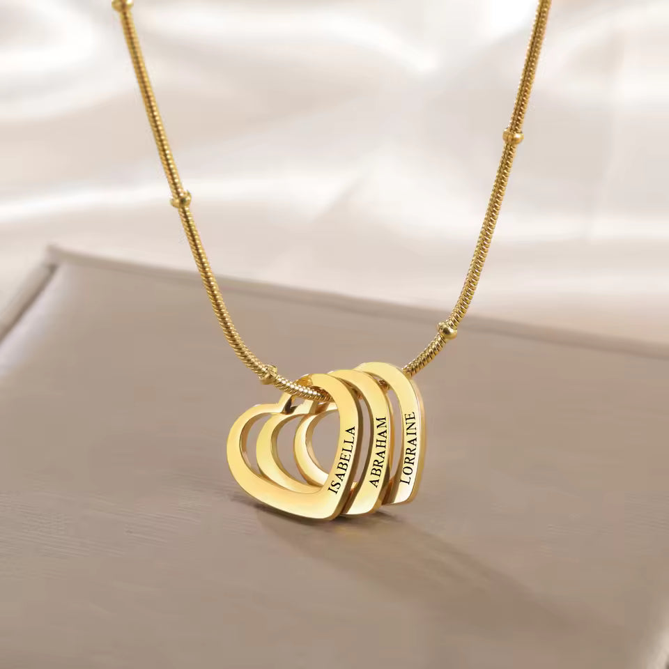 Personalized Heart Pendant Necklace (1 to 4 Charms) – Custom Engraved Stainless Steel Jewelry – Perfect Gift for Couples and Family